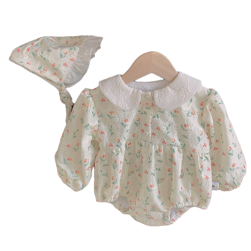 Baby Girls Flower Print Rompers And Hats Wholesale 220811284