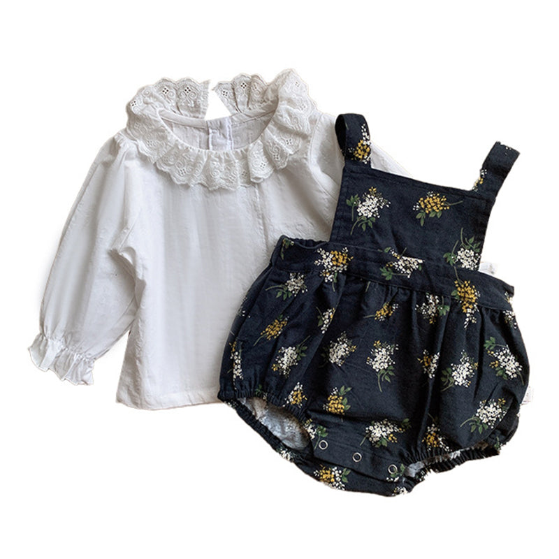 2 Pieces Set Baby Girls Solid Color Tops And Flower Print Rompers Wholesale 220811288