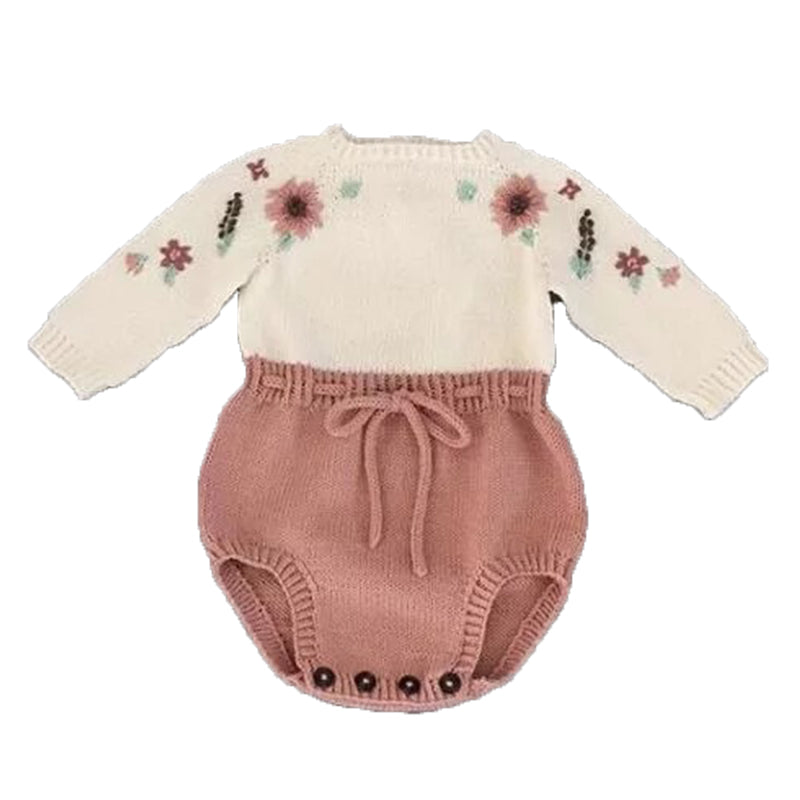 Baby Girls Color-blocking Flower Crochet Rompers Wholesale 22081703