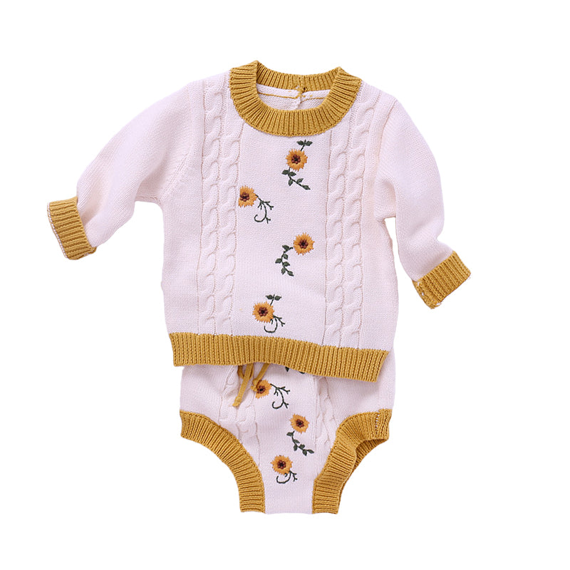 2 Pieces Set Baby Girls Flower Embroidered Sweaters And Shorts Wholesale 22081772