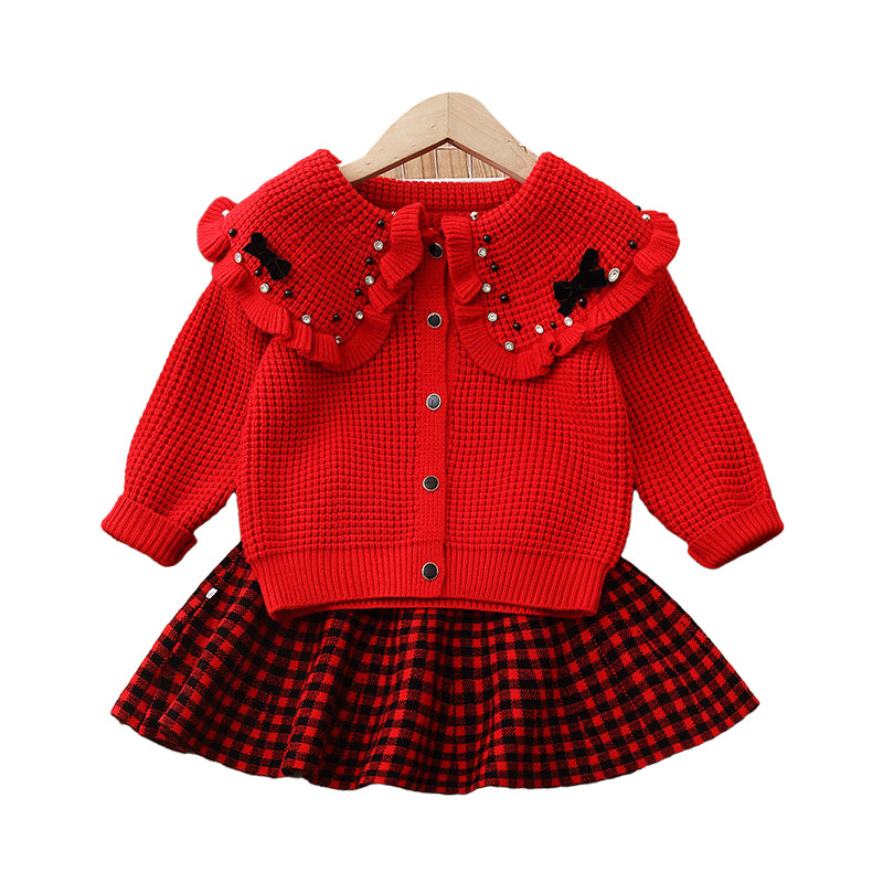 2 Pieces Set Baby Kid Girls Solid Color Cardigan And Checked Skirts Wholesale 220819373