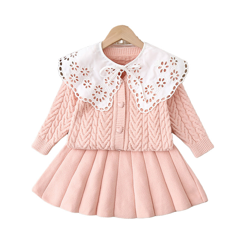 2 Pieces Set Baby Kid Girls Color-blocking Cardigan And Solid Color Skirts Wholesale 220819391