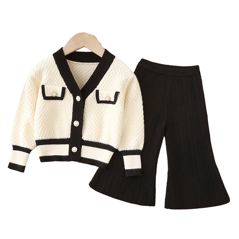 2 Pieces Set Baby Kid Girls Color-blocking Cardigan And Solid Color Pants Wholesale 220819426