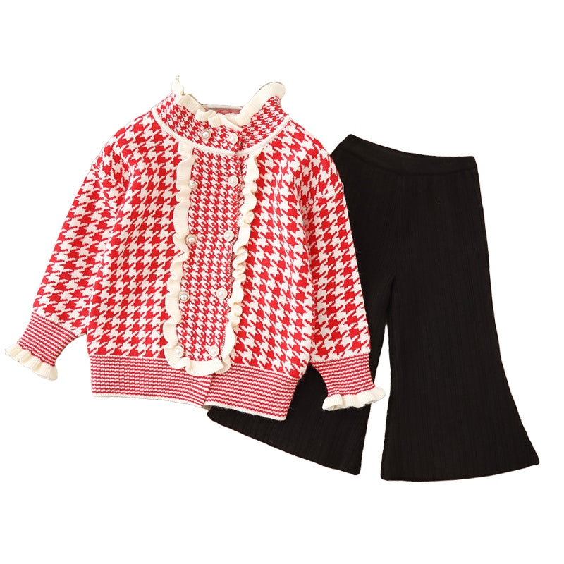 2 Pieces Set Baby Kid Girls Houndstooth Sweaters And Solid Color Pants Wholesale 220819464