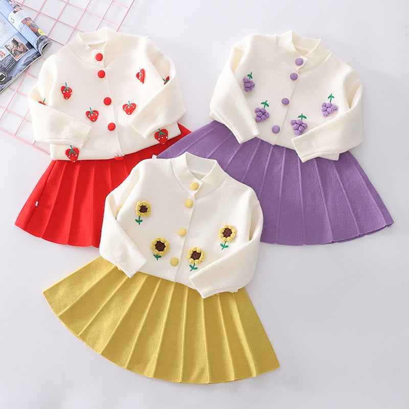 2 Pieces Set Baby Kid Girls Fruit Cardigan And Solid Color Skirts Wholesale 22081959