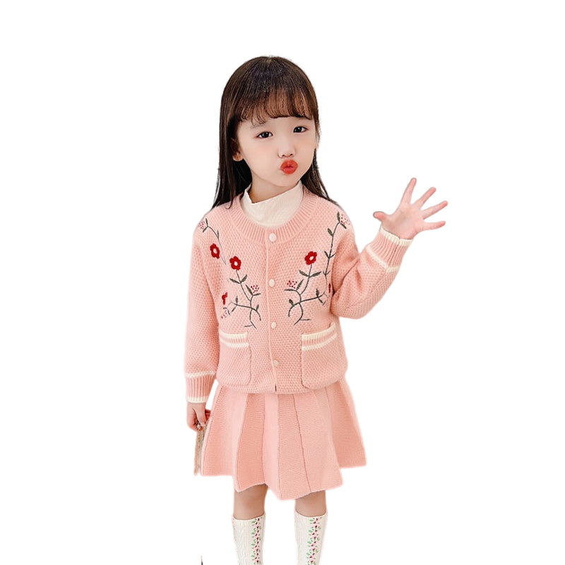 2 Pieces Set Baby Kid Girls Flower Crochet Cardigan And Solid Color Skirts Wholesale 220819592