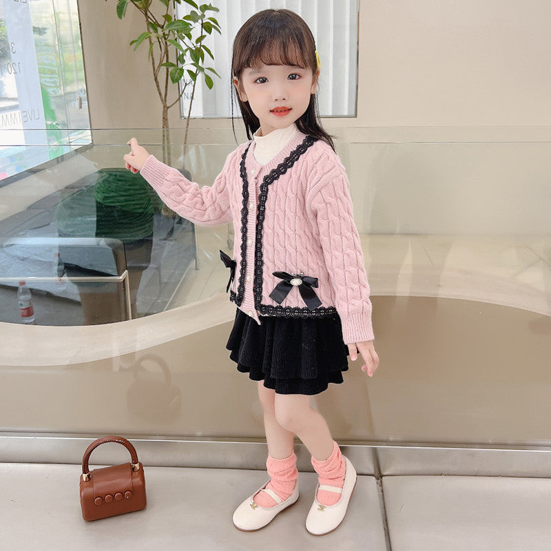 2 Pieces Set Baby Kid Girls Bow Cardigan And Solid Color Skirts Wholesale 220819593