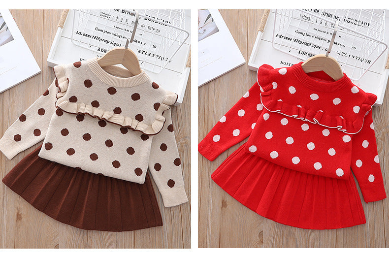2 Pieces Set Baby Kid Girls Polka dots Crochet Sweaters And Skirts Wholesale 220823128