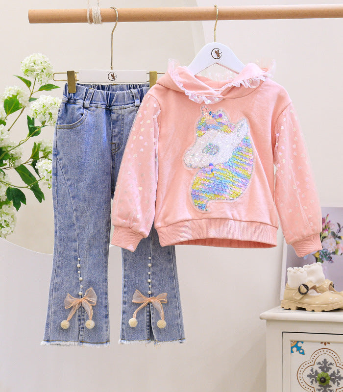 2 Pieces Set Kid Girls Unicorn Hoodies Swearshirts And Solid Color Pants Wholesale 220823164