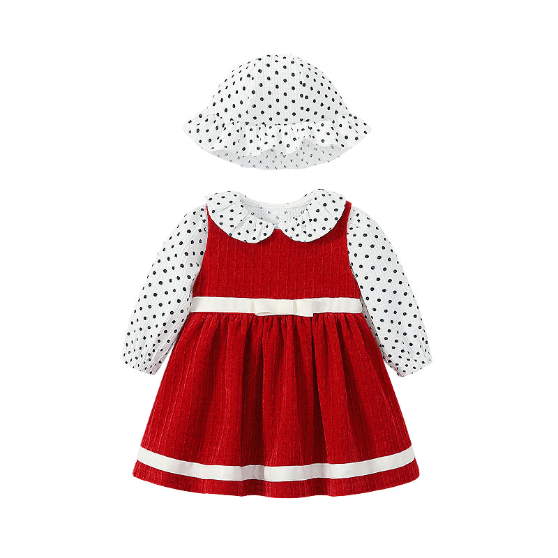 3 Pieces Set Baby Kid Girls Polka dots Shirts Color-blocking Dresses And Hats Wholesale 220823429