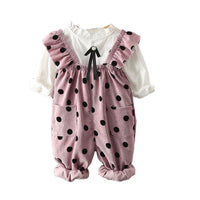 Load image into Gallery viewer, 2 Pieces Set Baby Kid Girls Solid Color Shirts And Polka dots Jumpsuits Wholesale 220823471
