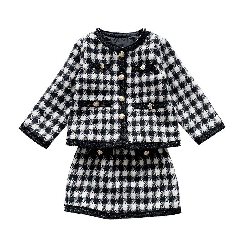 2 Pieces Set Baby Kid Girls Houndstooth Jackets Outwears And Skirts Wholesale 220829117