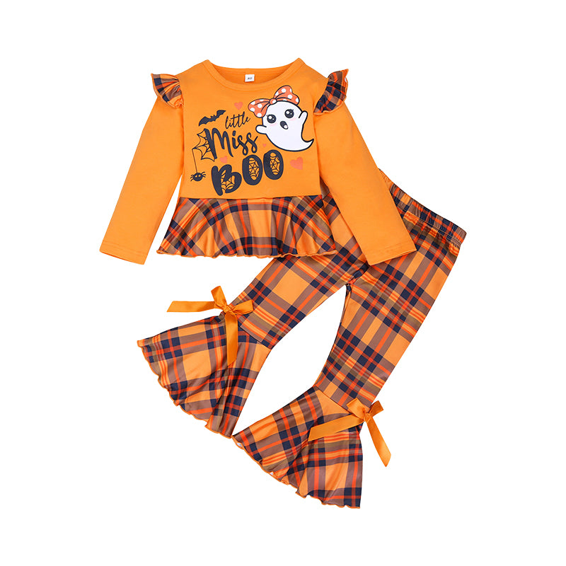 2 Pieces Set Baby Kid Girls Halloween Letters Cartoon Bow Print Tops And Pants Wholesale 220829324