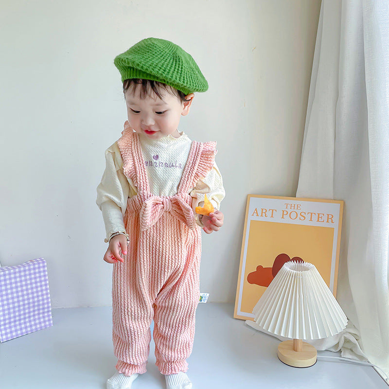 Baby Unisex Solid Color Bow Muslin&Ribbed Jumpsuits Wholesale 220829401