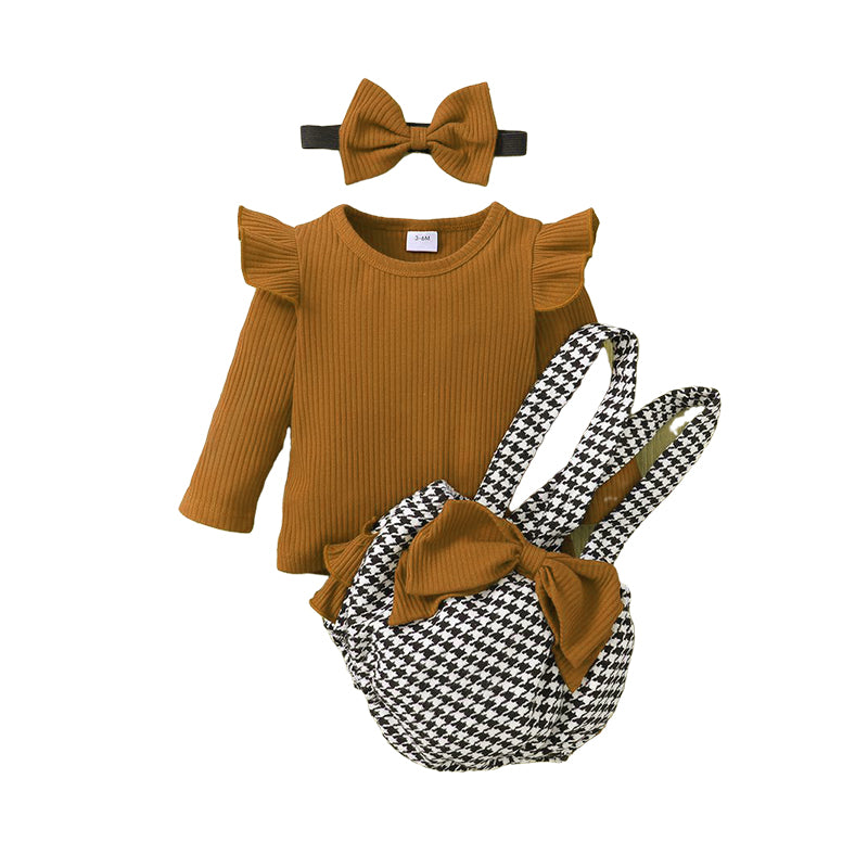 3 Pieces Set Baby Girls Solid Color Muslin&Ribbed Tops And Houndstooth Bow Rompers And Headwear Wholesale 220831196