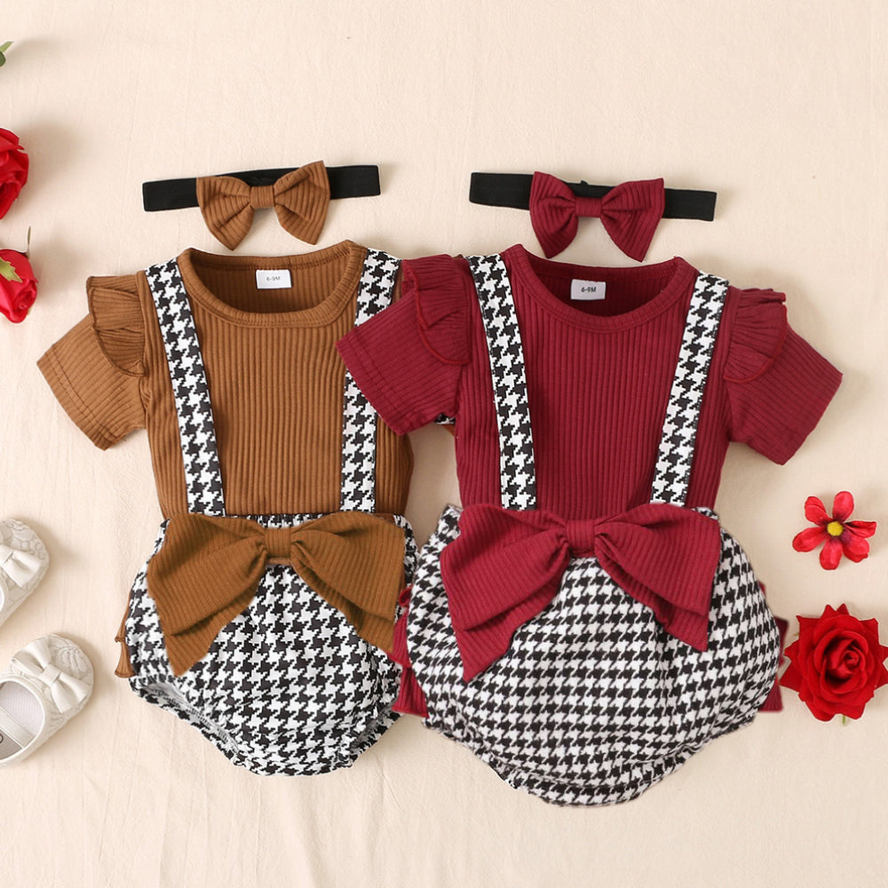 3 Pieces Set Baby Girls Solid Color Muslin&Ribbed Tops And Houndstooth Bow Rompers And Headwear Wholesale 220831196