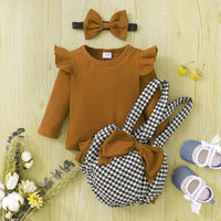 Load image into Gallery viewer, 3 Pieces Set Baby Girls Solid Color Muslin&amp;Ribbed Tops And Houndstooth Bow Rompers And Headwear Wholesale 220831196
