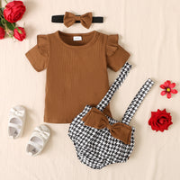 Load image into Gallery viewer, 3 Pieces Set Baby Girls Solid Color Muslin&amp;Ribbed Tops And Houndstooth Bow Rompers And Headwear Wholesale 220831196

