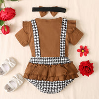 Load image into Gallery viewer, 3 Pieces Set Baby Girls Solid Color Muslin&amp;Ribbed Tops And Houndstooth Bow Rompers And Headwear Wholesale 220831196
