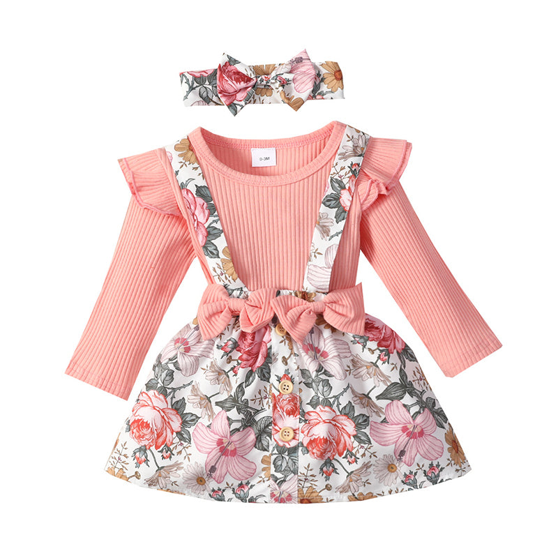 2 Pieces Set Baby Girls Muslin&Ribbed Print Rompers And Flower Bow Skirts Wholesale 194812514