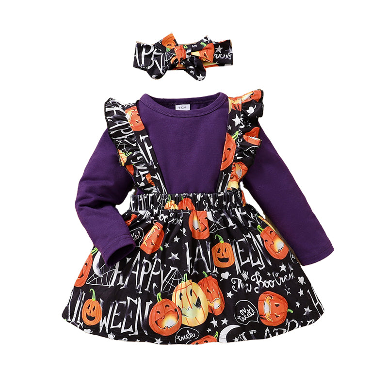 3 Pieces Set Baby Kid Girls Solid Color Print Tops And Cartoon Dresses And Bow Headwear Wholesale 22083135