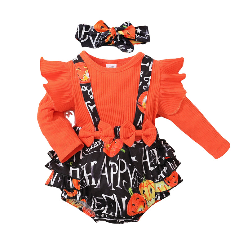 Baby Girls Letters Color-blocking Muslin&Ribbed Print Halloween Rompers Wholesale 220831388