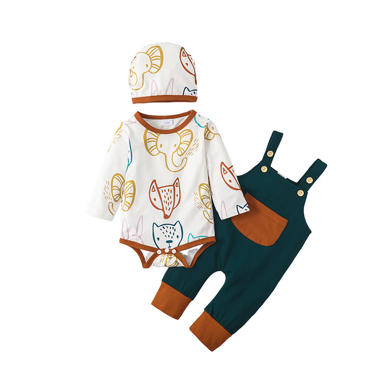 3 Pieces Set Baby Boys Cartoon Print Rompers Color-blocking Jumpsuits And Hats Wholesale 220831409
