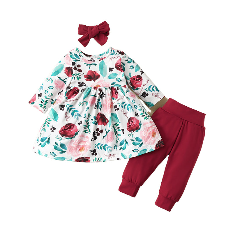 3 Pieces Set Baby Kid Girls Flower Print Tops And Pants And Bow Headwear Wholesale 220831421