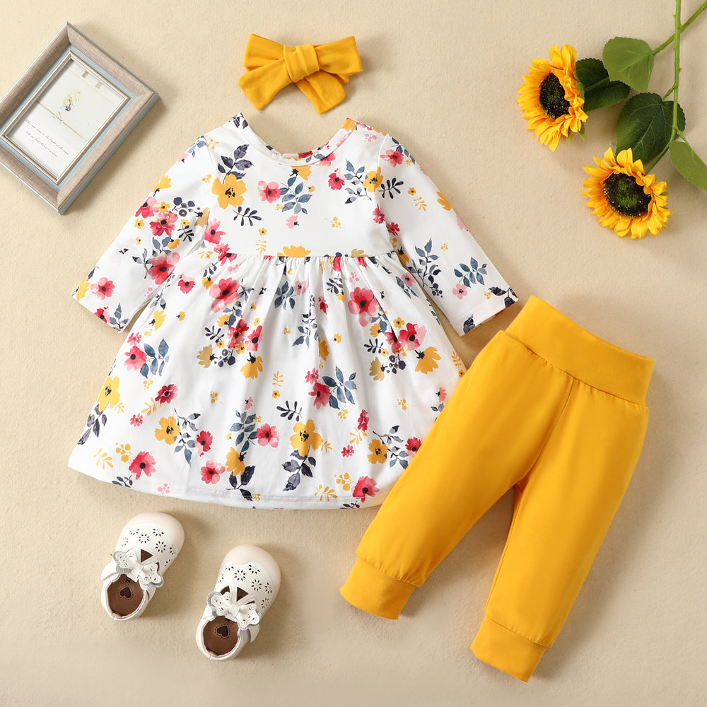 3 Pieces Set Baby Kid Girls Flower Print Tops And Pants And Bow Headwear Wholesale 220831421