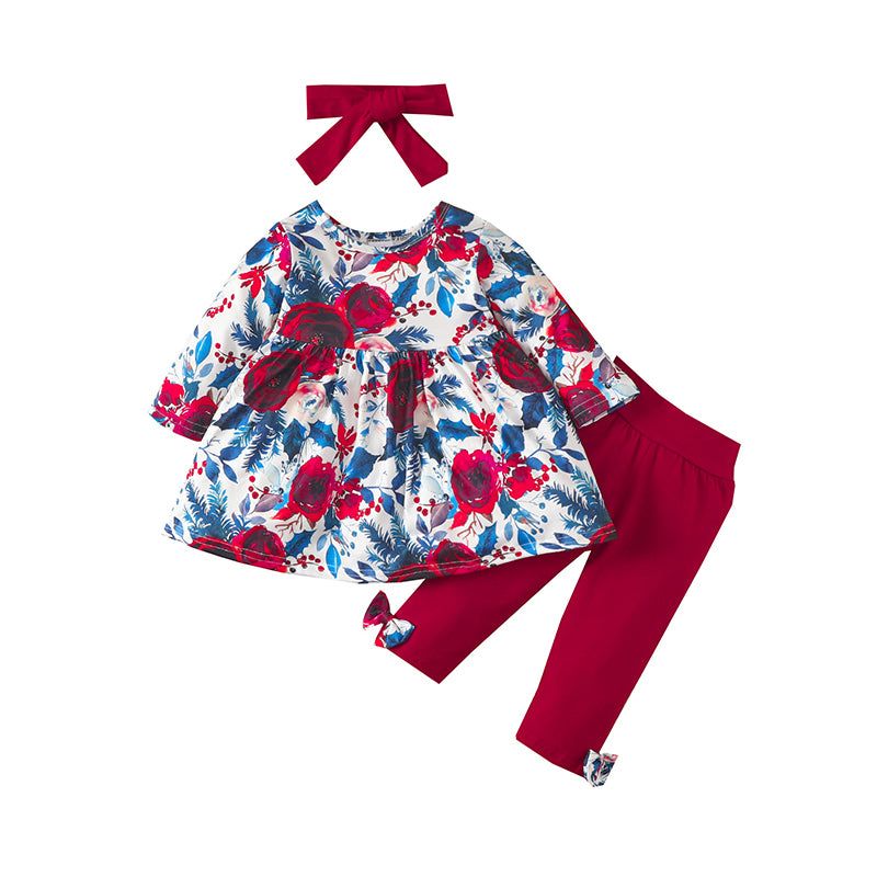 3 Pieces Set Baby Girls Flower Print Tops And Bow Pants And Headwear Wholesale 220831449