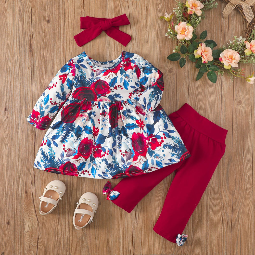 3 Pieces Set Baby Girls Flower Print Tops And Bow Pants And Headwear Wholesale 220831449