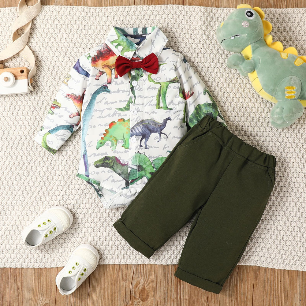 2 Pieces Set Baby Boys Dinosaur Bow Print Rompers And Solid Color Pants Wholesale 220831455