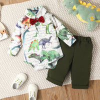 Load image into Gallery viewer, 2 Pieces Set Baby Boys Dinosaur Bow Print Rompers And Solid Color Pants Wholesale 220831455
