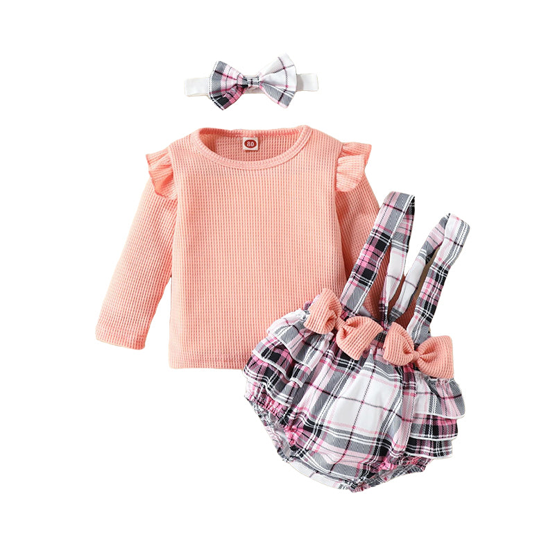 3 Pieces Set Baby Girls Solid Color Tops And Checked Bow Rompers And Headwear Wholesale 220831538