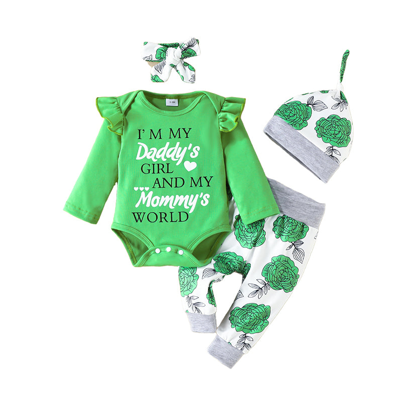 4 Pieces Set Baby Girls Letters Print Rompers And Flower Pants And Hats And Bow Headwear Wholesale 220831540