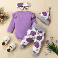 Load image into Gallery viewer, 4 Pieces Set Baby Girls Letters Print Rompers And Flower Pants And Hats And Bow Headwear Wholesale 220831540
