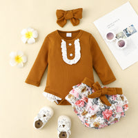 Load image into Gallery viewer, 3 Pieces Set Baby Girls Print Rompers And Flower Bow Shorts And Hats Wholesale 220831541
