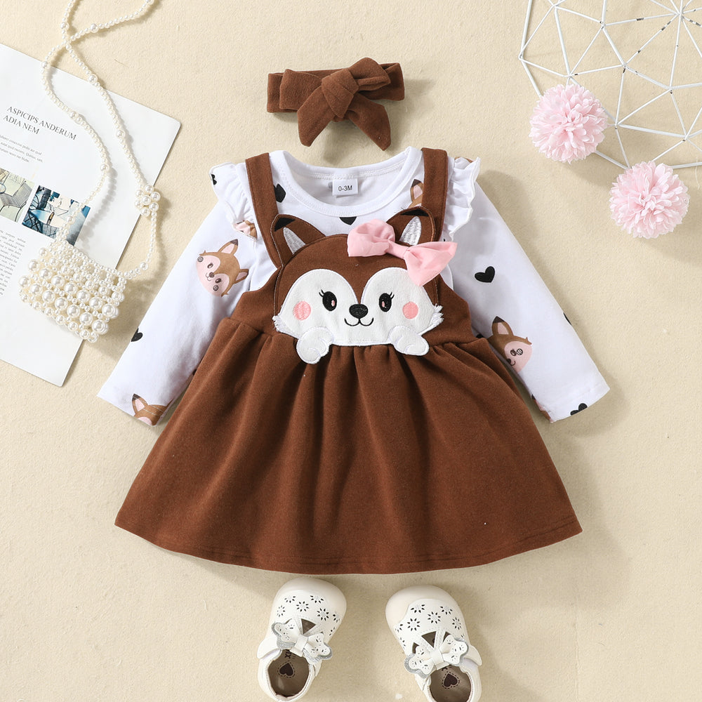 3 Pieces Set Baby Girls Love heart Cartoon Print Rompers And Bow Dresses And Headwear Wholesale 220831556