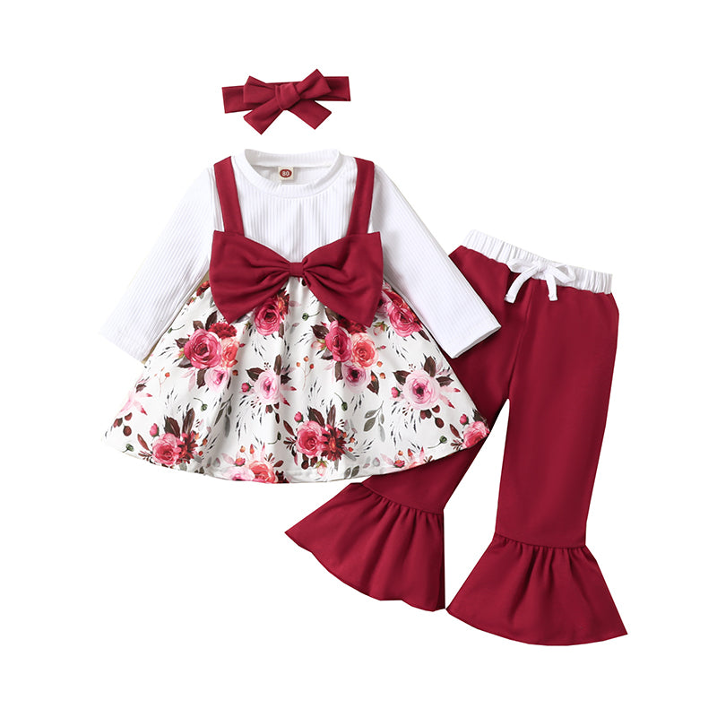 3 Pieces Set Baby Kid Girls Color-blocking Flower Bow Print Dresses And Ribbon Pants And Headwear Wholesale 220831558