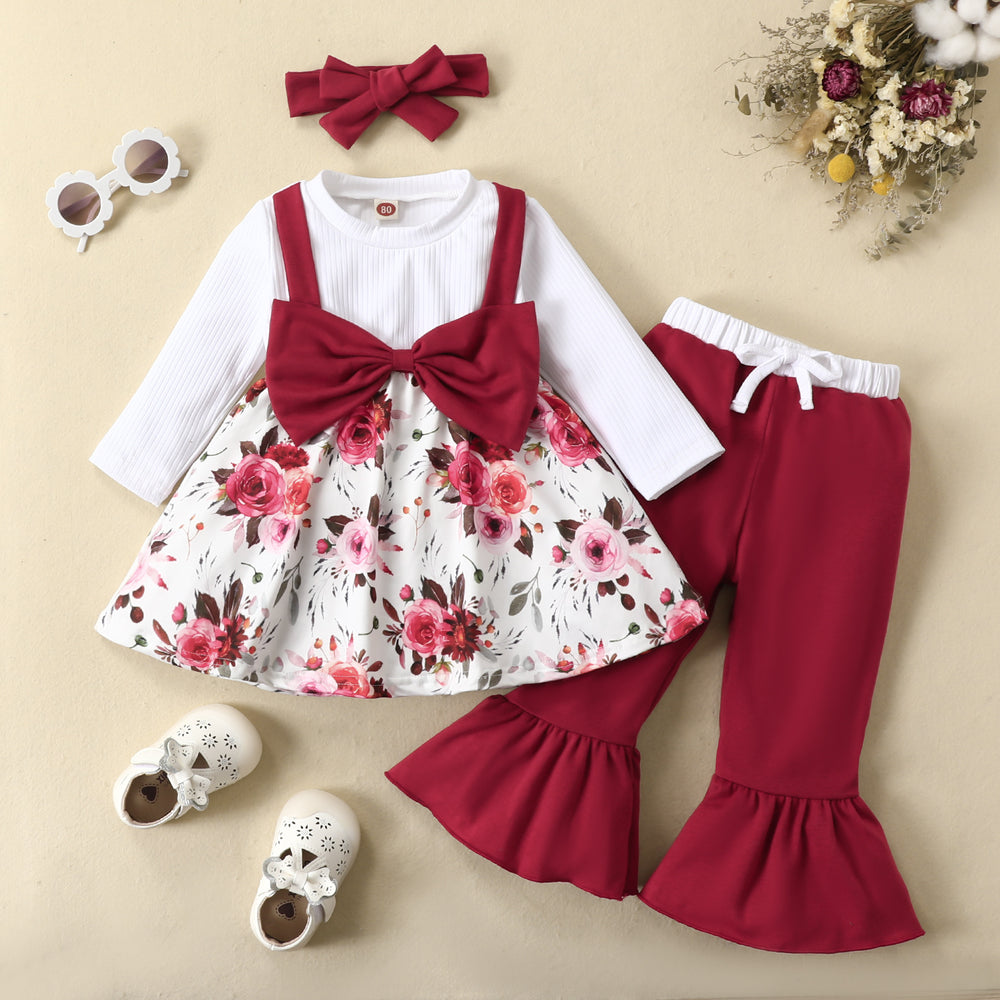 3 Pieces Set Baby Kid Girls Color-blocking Flower Bow Print Dresses And Ribbon Pants And Headwear Wholesale 220831558
