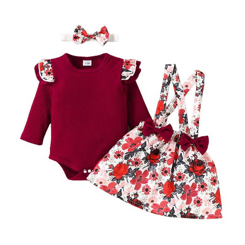 3 Pieces Set Baby Girls Muslin&Ribbed Print Rompers And Flower Dresses And Bow Headwear Wholesale 220831573