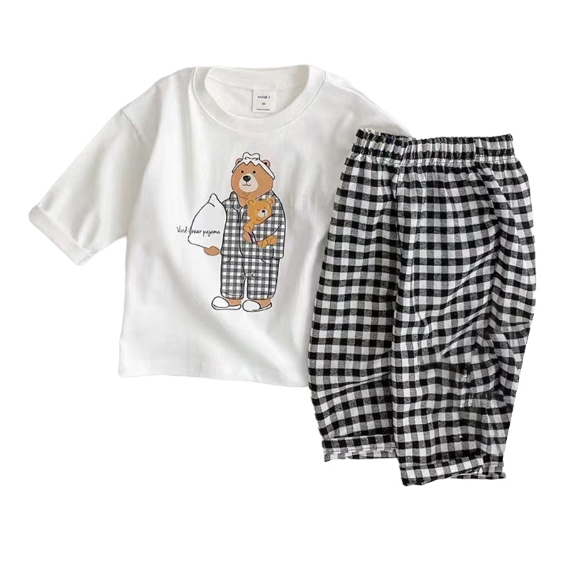 2 Pieces Set Baby Kid Unisex Cartoon Print Tops And Checked Pants Wholesale 2209021412 Pieces Set Baby Kid Unisex Cartoon Print Tops And Checked Pants Wholesale 220902141