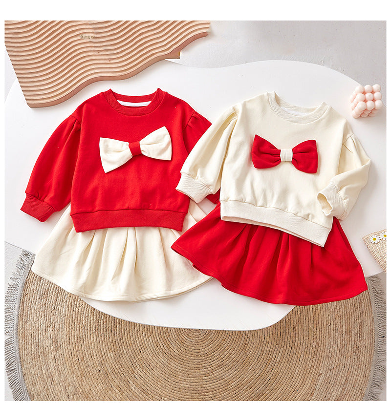 2 Pieces Set Baby Kid Girls Bow Hoodies Swearshirts And Solid Color Skirts Wholesale 220902202