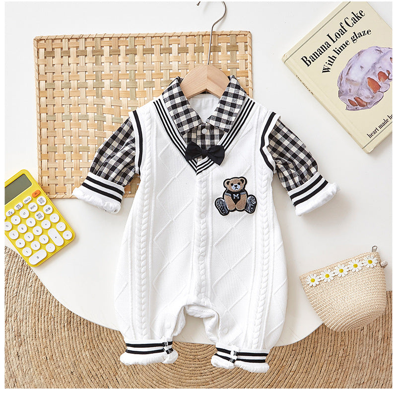 2 Pieces Set Baby Unisex Checked Bow Rompers And Solid Color Pants Wholesale 220902545