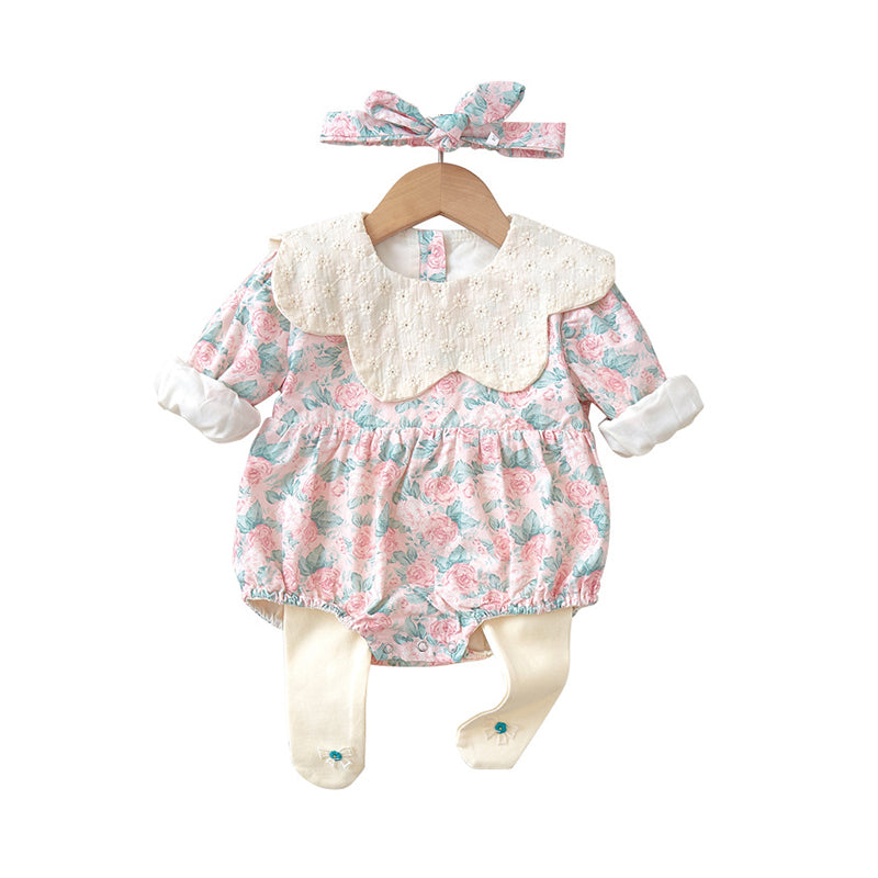 2 Pieces Set Baby Girls Flower Print Rompers And Bow Socks Wholesale 220902549