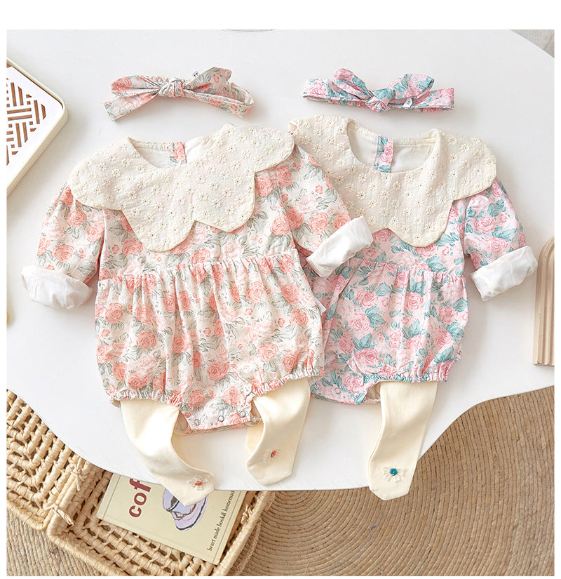 2 Pieces Set Baby Girls Flower Print Rompers And Bow Socks Wholesale 220902549
