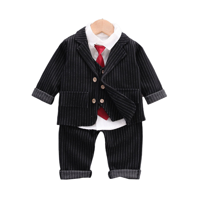 4 Pieces Set Baby Kid Boys Dressy Solid Color Striped Bow Shirts Vests Waistcoats Blazers And Trousers Suits Wholesale 220906197