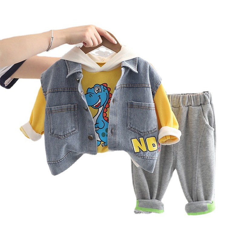 3 Pieces Set Baby Kid Boys Dinosaur Hoodies Swearshirts Letters Vests Waistcoats And Solid Color Pants Wholesale 220906271