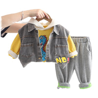 Load image into Gallery viewer, 3 Pieces Set Baby Kid Boys Dinosaur Hoodies Swearshirts Letters Vests Waistcoats And Solid Color Pants Wholesale 220906271
