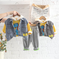 Load image into Gallery viewer, 3 Pieces Set Baby Kid Boys Dinosaur Hoodies Swearshirts Letters Vests Waistcoats And Solid Color Pants Wholesale 220906271

